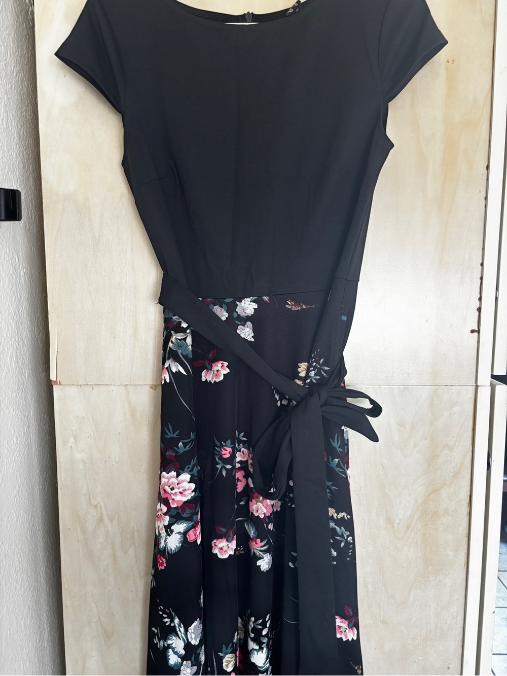 Black Floral Midi Dress with Tie-Waist